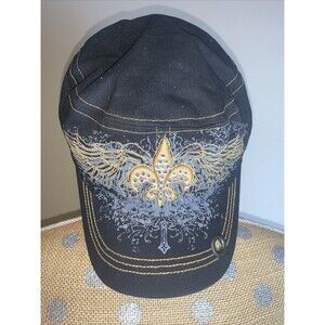 Crystal KB Ethos Saint Hat  Black Cadet Army Cap Mcbling Rhinestones Wings Fluer